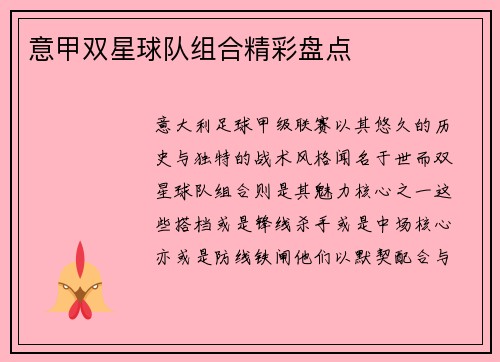 意甲双星球队组合精彩盘点