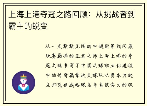 上海上港夺冠之路回顾：从挑战者到霸主的蜕变